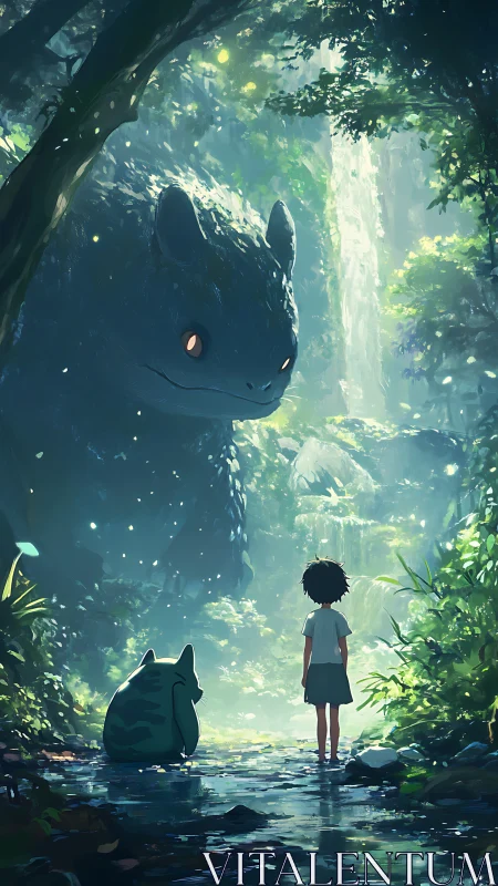 Child and forest guardians pause beneath a waterfall hush.