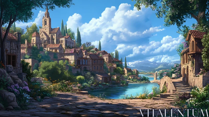 Sunlit riverside village with terraced stone houses and church tower