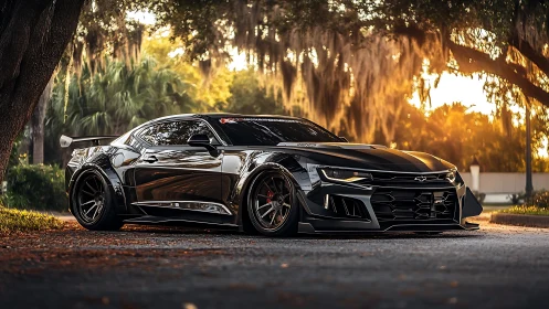 Widebody black Chevy muscle car at golden hour under oaks