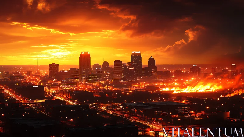 Urban skyline under infernal sunset with peripheral wildfire glow