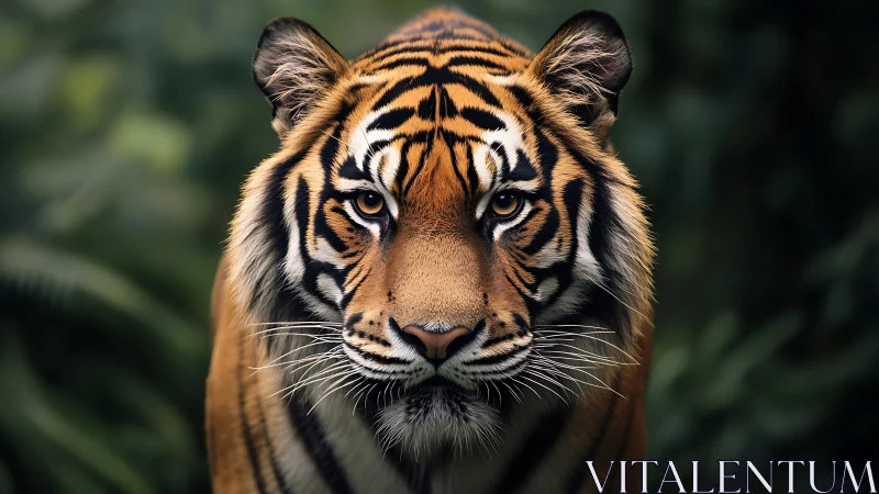 Tiger stares directly at camera against blurred green foliage