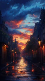 Wet cobblestone street reflects saturated dusk sky in painterly detail