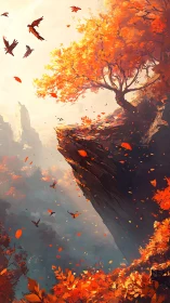 Autumn cliffside canopy in vertical fantasy digital painting.