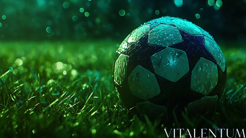Wet soccer ball on neon-lit grass with cinematic bokeh glow.