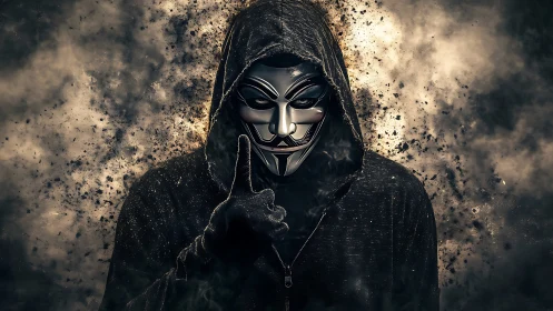 Hooded figure in metallic mask signals silence amid debris