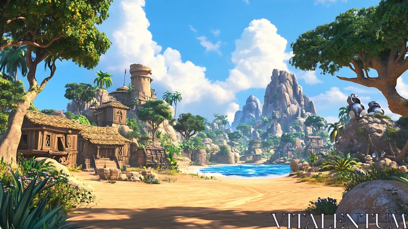 Tropical Fantasy Settlement with Towering Rock Formations