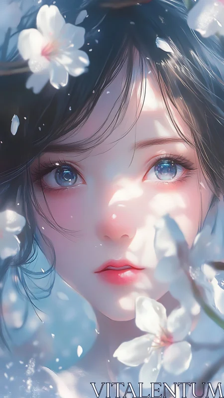 Blossom-bright gaze drinks in drifting petals and soft light