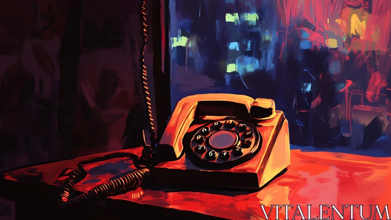 Retro rotary telephone glows against neon city backdrop.