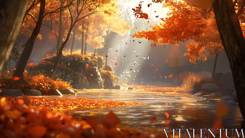 Radiant volumetric sunlight across dynamically lit autumn gorge.
