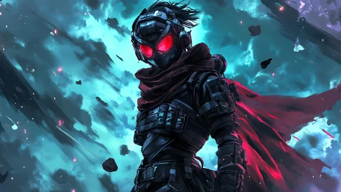 Aerodynamic rogue operative in crimson-scarfed exosuit stance.