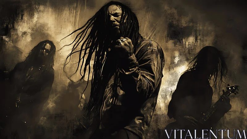 Grain-textured metal band performance under sepia smoke field.