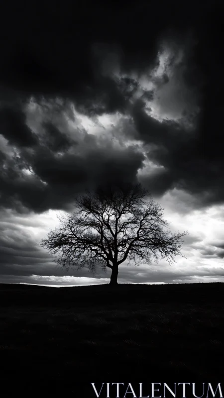 Solitary winter tree silhouettes against dramatic storm sky