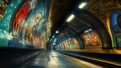 Subway platform corridor displays tiled mural-covered tunnel walls