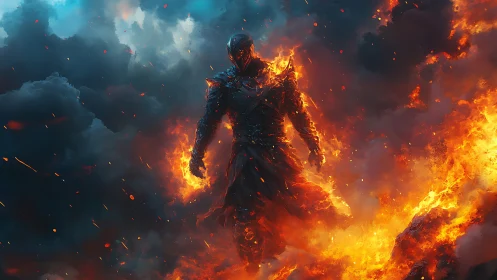 Armored humanoid figure in flames amid dense storm clouds.