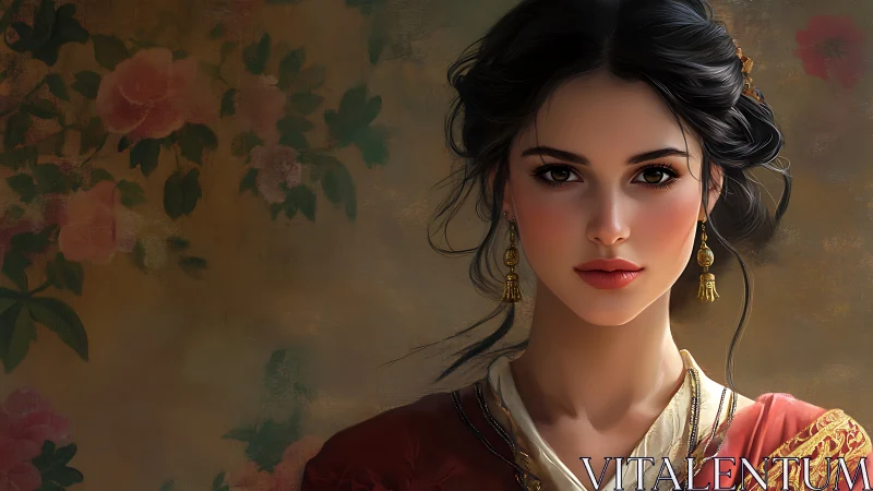 Digital portrait depicts woman in ornate dress before floral wall