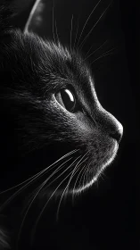 Domestic Cat Head in Profile Against Black Background.