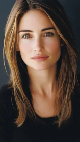 Calm young woman gazes forward in soft natural studio light