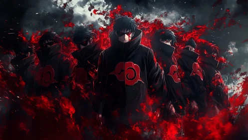 Group of cloaked anime figures stands amid red digital energy
