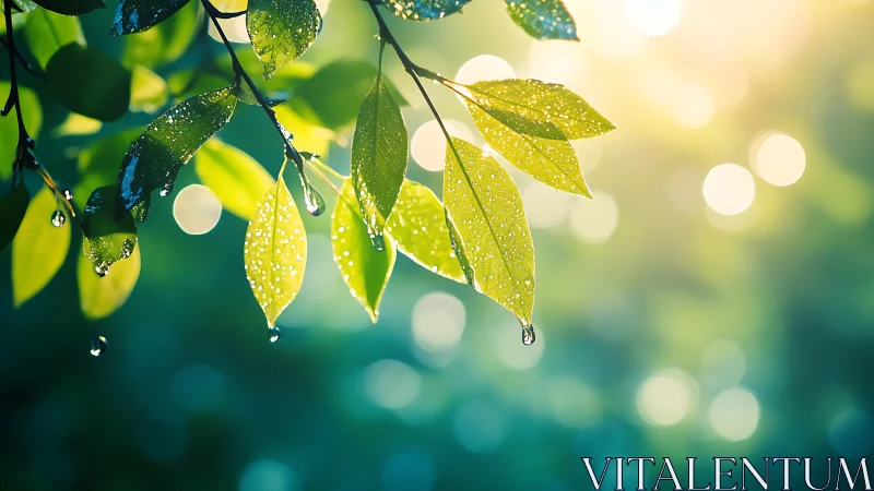 Sunlit green leaves glisten with fresh morning raindrops.