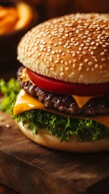 Close-up cheeseburger on wooden board with sesame bun.