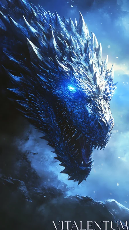 Ice dragon head with glowing blue eye in cold mist.