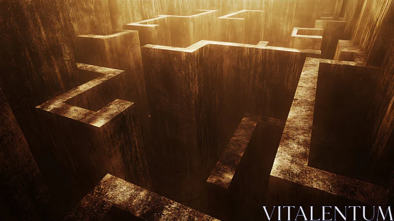 Sunlit stone labyrinth rises like rusted thought corridors