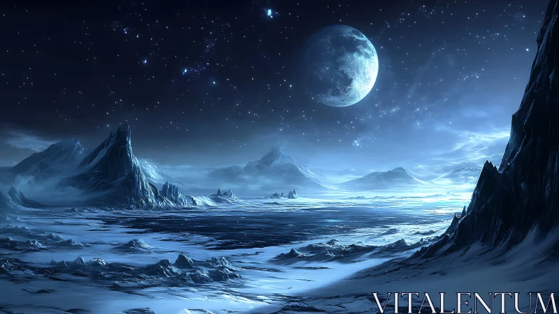 Frozen extraterrestrial landscape lies under distant moonlight