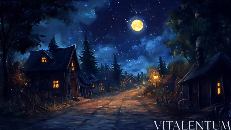 Moonlit rural road with wooden cottages under night sky.
