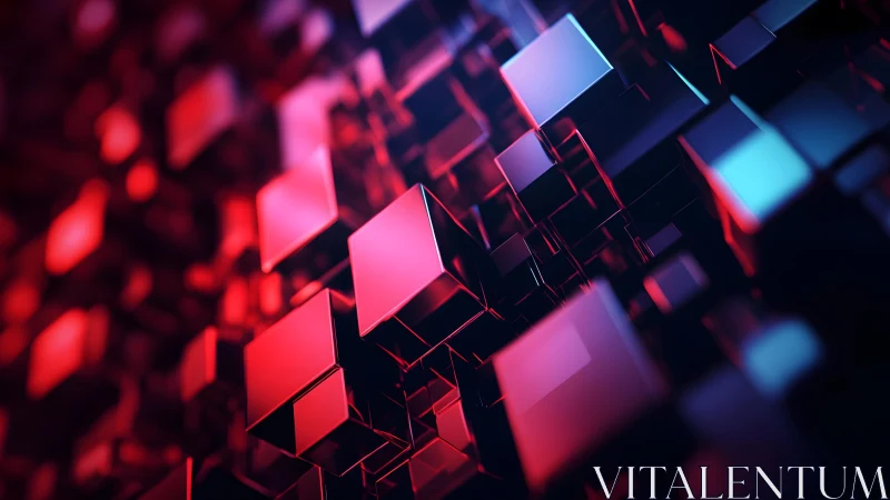 Abstract 3D Cubes with Red and Blue Neon Lighting in Digital Style.