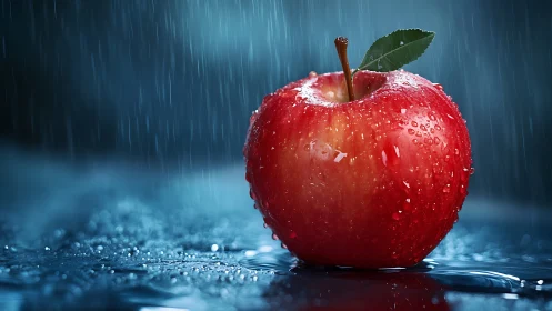 Red apple under heavy rain on reflective blue surface.
