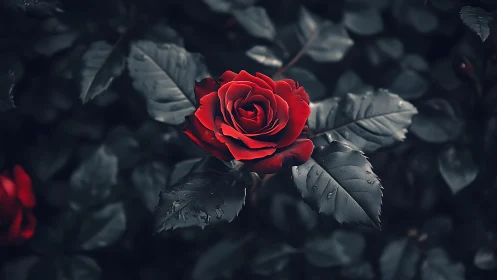 Red Rose Emerges from Darkened Garden Foliage.