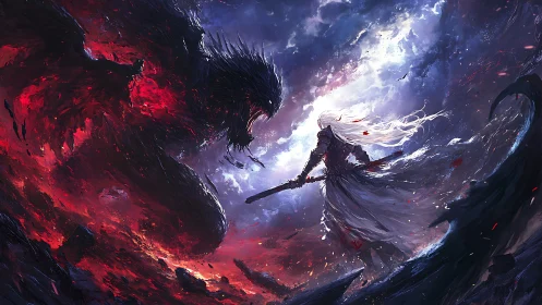 White-haired warrior confronts dark winged beast in storm