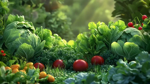 Lush vegetable garden with leafy greens and tomatoes.