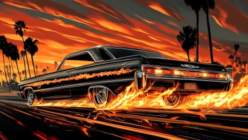 Midnight lowrider ignites a neon sunset boulevard blaze.
