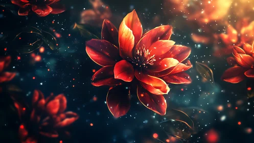 Luminous red lotus blossoms drifting through cosmic glow.