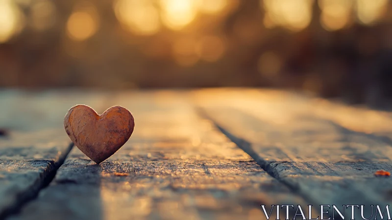 Rusted Heart on Weathered Wood at Golden Hour.