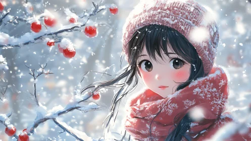 Snowy orchard girl with red scarf and winter berries.