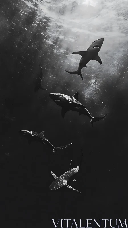 Monochrome sharks circle beneath rippling sunlit surface
