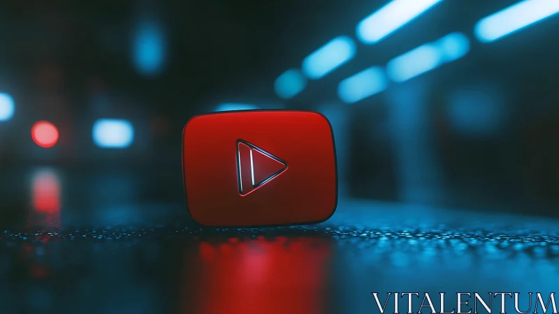 Red play button icon stands on wet surface under neon light