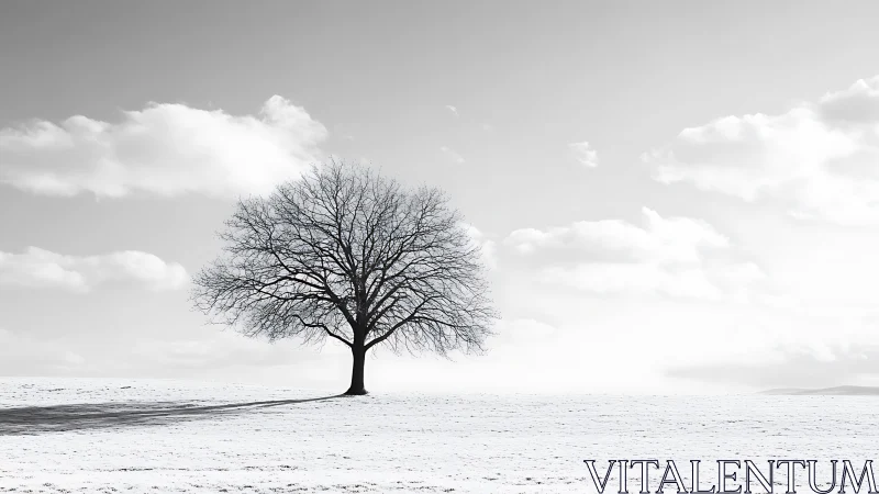 Solitary winter tree anchors stark monochrome landscape.