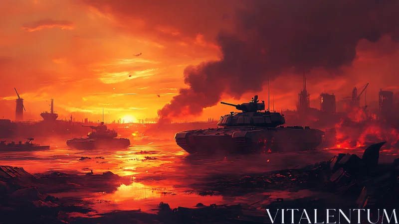 Armored tanks advance across flooded industrial warzone at dusk