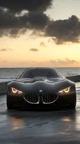 Sunset coastline cruise with a sleek black sports coupe.