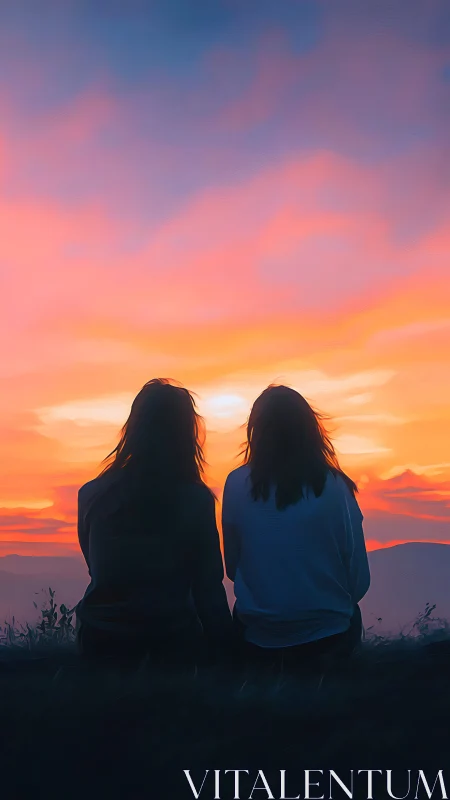 Two friends sit watching vivid sunset sky in silence.