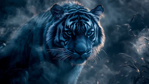 Cinematic blue-toned tiger portrait in nocturnal foliage study.