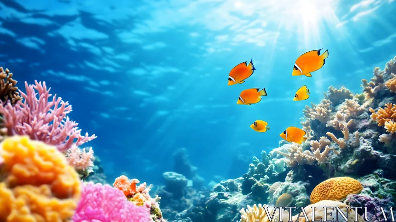 Sunlit coral reef welcomes a playful school of bright fish
