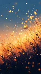 Golden dusk grasses glow under drifting light orbs.