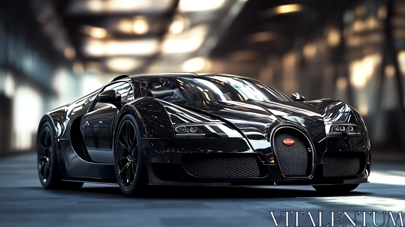 Black hypercar in glossy tunnel light reflections.