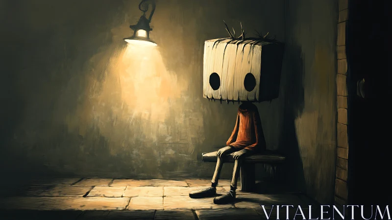 Box-headed figure seated alone under a dim hanging lamp.