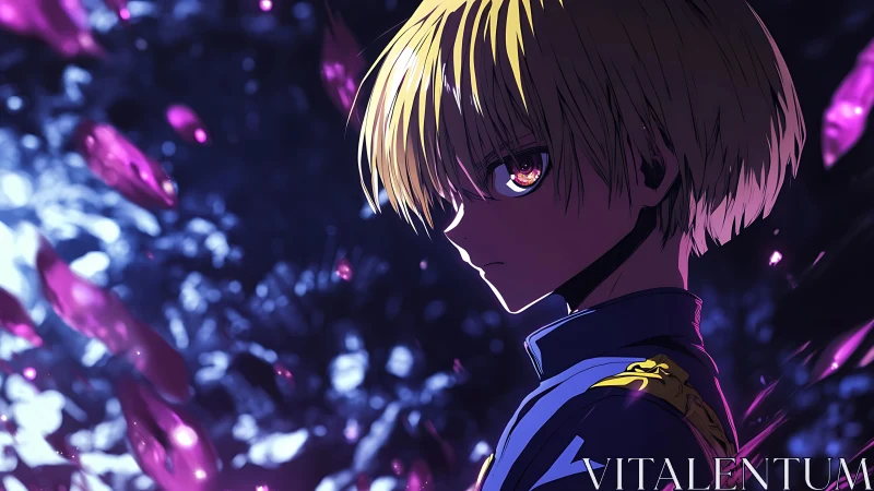 Brooding blond anime warrior amid glowing violet shards.