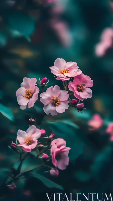 Delicate Pink Blossoms Dancing in Teal Light.